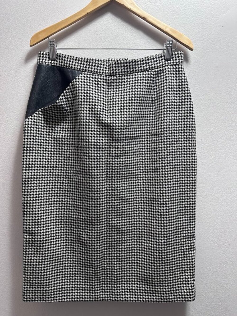 Emilio Bravini Wool Houndstooth Pencil Skirt Leather Trim Size 12